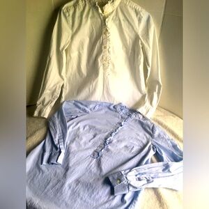 2 LOFT Ruffle Neck Blouse Long Sleeve Blue and White X-Small